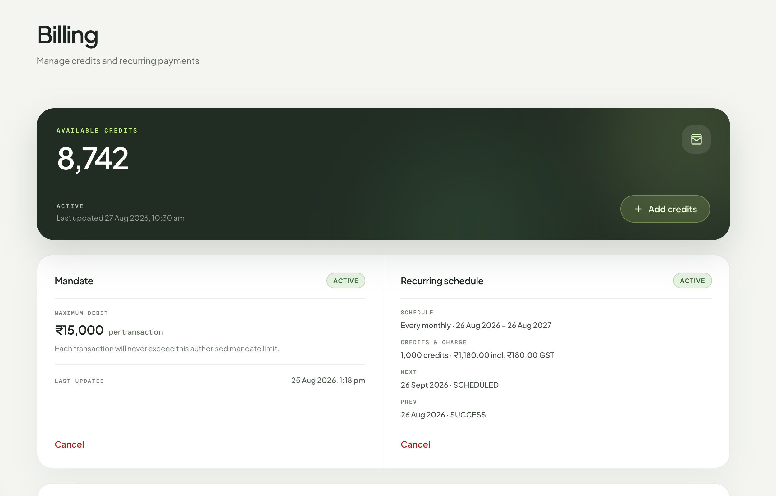 Ola Maps Billing page showing available credits, mandate, and recurring recharge controls