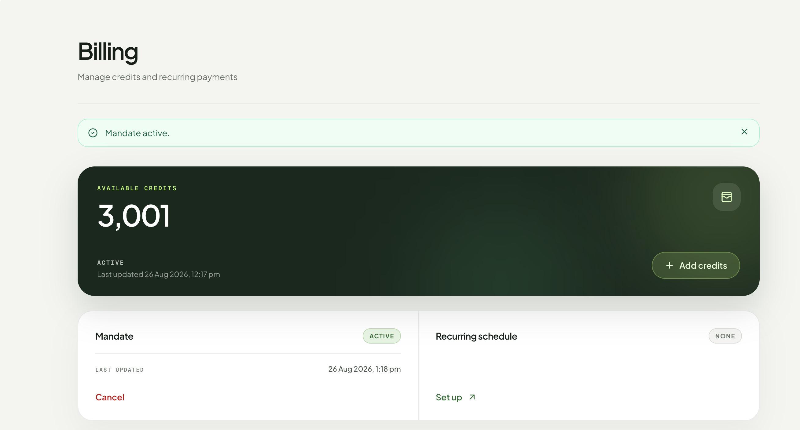 Billing page confirming that the payment mandate is active