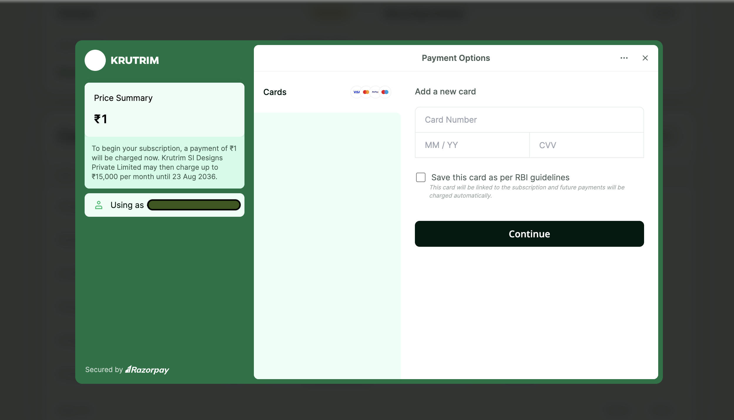 Secure payment screen for activating a recurring recharge mandate