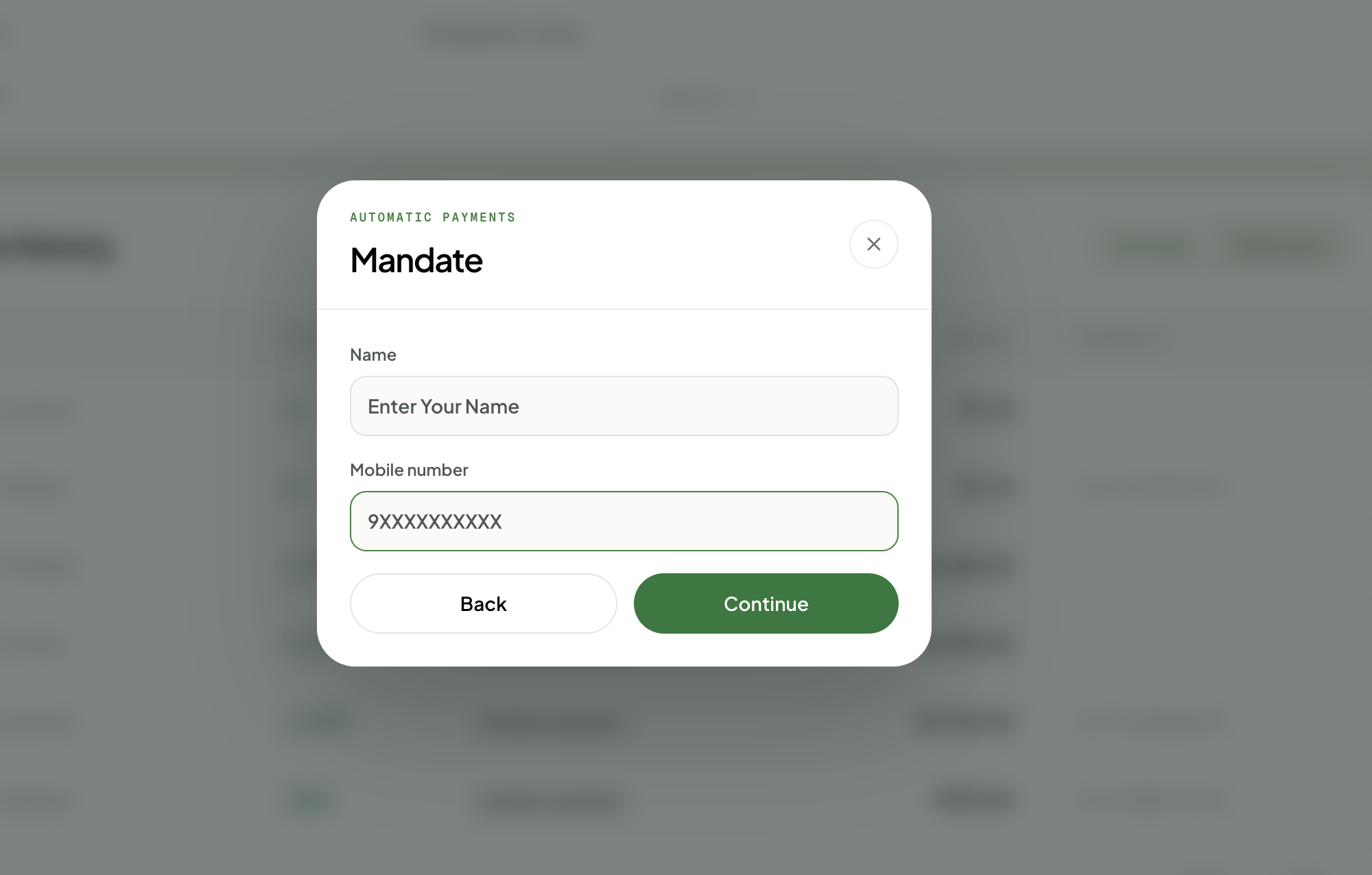 Mandate setup form requesting name and mobile number
