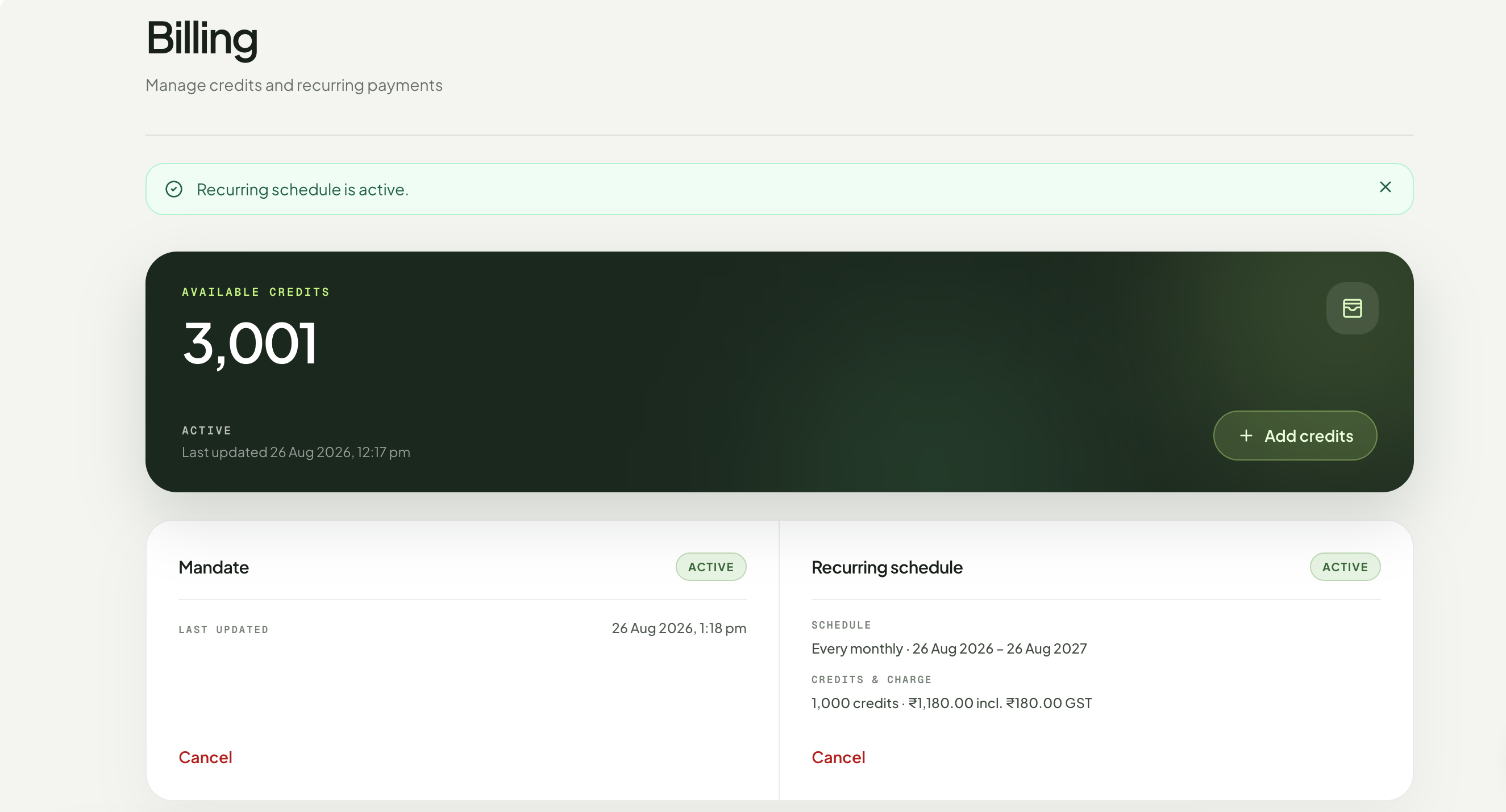 Billing page confirming that recurring recharge is active