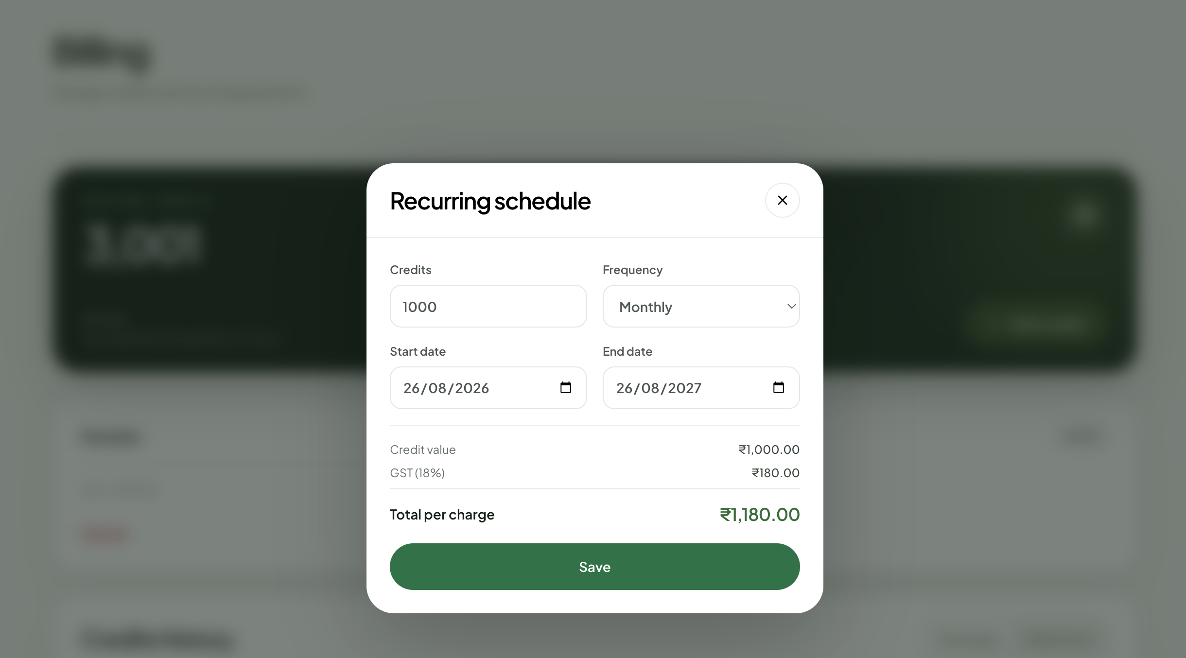 Recurring recharge form with credit amount, frequency, dates, GST, and total